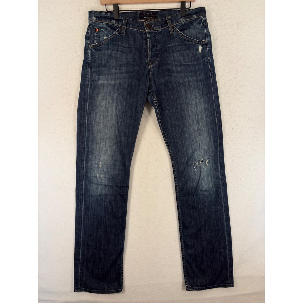 Hudson Jeans Mens 34 Straight Leg Distressed Blue Denim Pants Made in USA